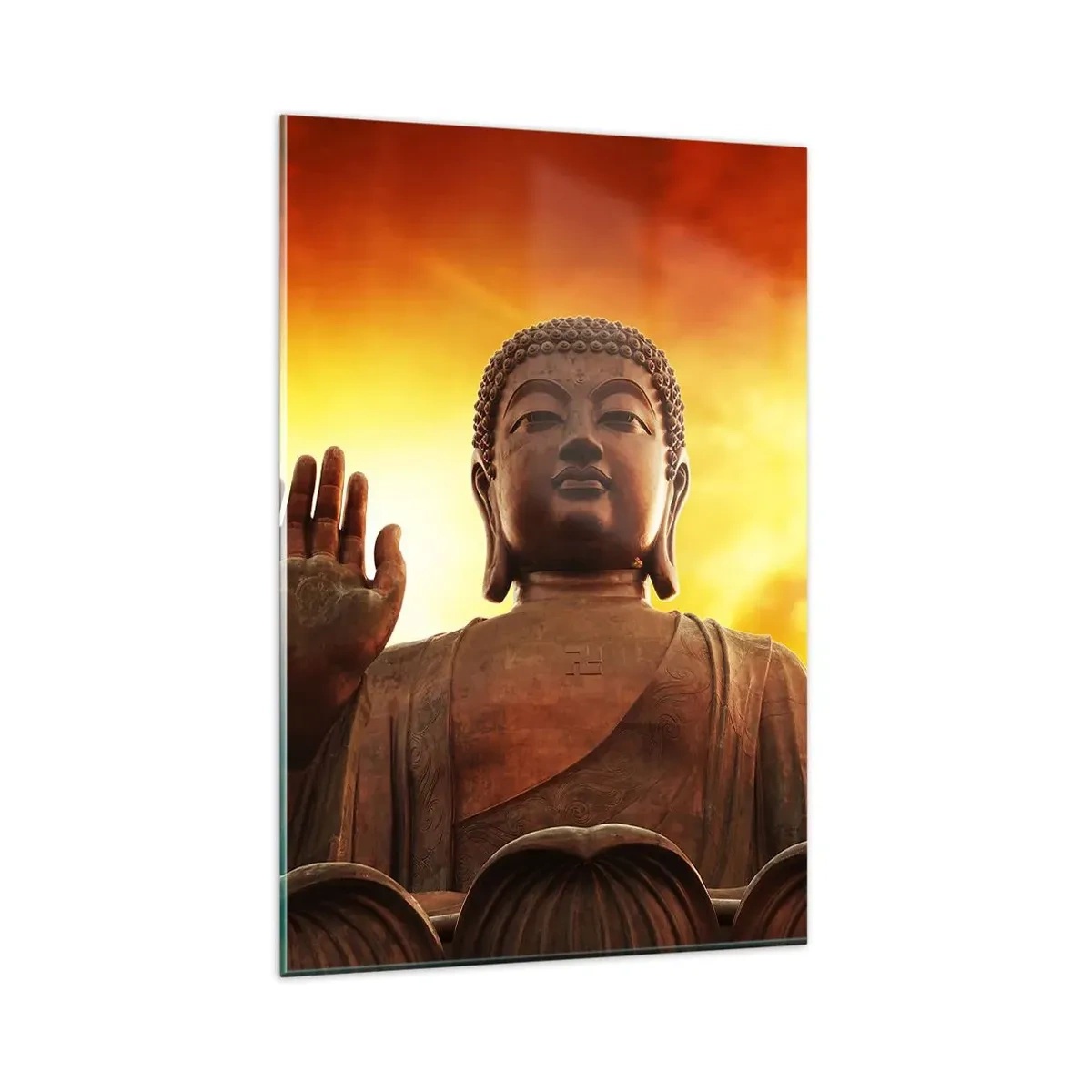 Cuadro sobre vidrio - Impresiones sobre Vidrio - Una estatua de Buda contra un cielo dorado al atardecer. - 80x120cm - La calma del mundo - Decoración de pared moderna para salón y dormitorio ARTTOR
