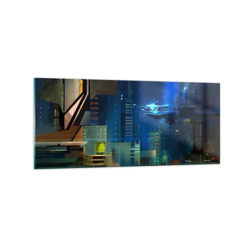 Cuadro sobre vidrio - Impresiones sobre Vidrio - Ciudad futurista de noche con luces de neón y un vehículo volador. - 120x50cm - En un futuro próximo - Decoración de pared moderna para salón y dormitorio ARTTOR