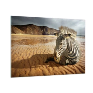 Cuadro sobre vidrio - Impresiones sobre Vidrio - Una cebra descansando en la playa al atardecer. - 100x70cm - Encajamos juntos - Decoración de pared moderna para salón y dormitorio ARTTOR