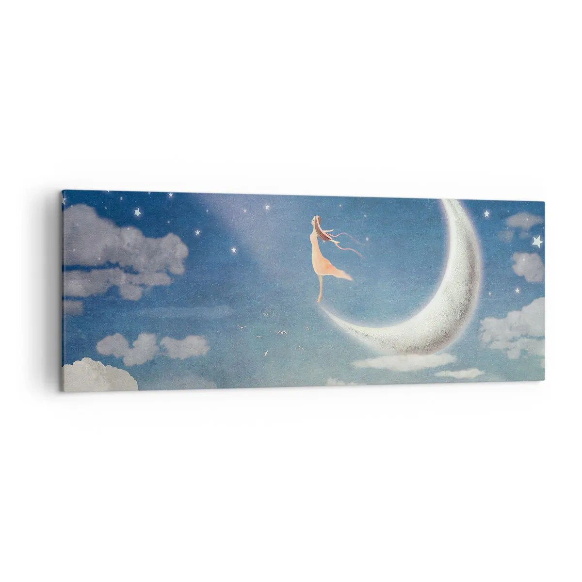 Cuadro sobre lienzo - Impresión de Imagen - Una mujer en la luna rodeada de estrellas y nubes. - 140x50cm - Pretendiente sobre azul - Decoración de pared moderna para salón y dormitorio ARTTOR