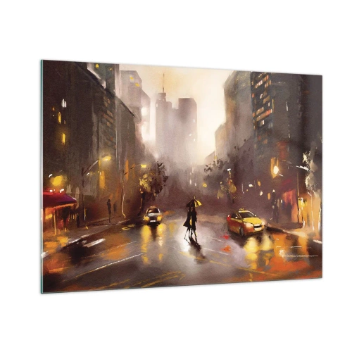 Cuadro sobre vidrio - Impresiones sobre Vidrio - Ciudad de noche bajo la lluvia con taxis y la silueta de una pareja - 100x70cm - En las luces de Nueva York - Decoración de pared moderna para salón y dormitorio ARTTOR