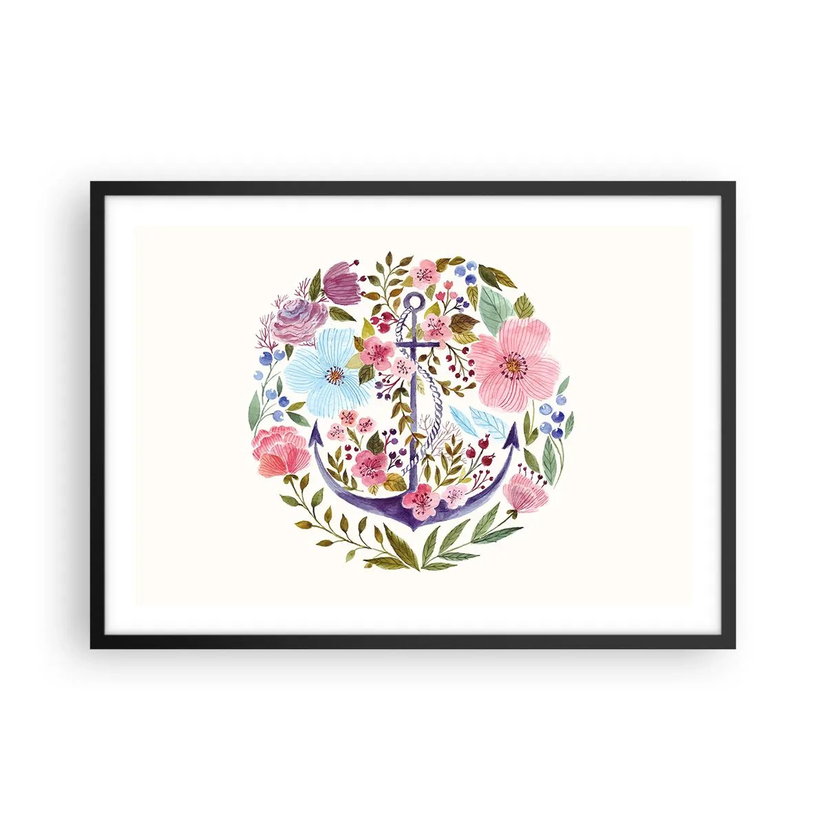 Póster en marco negro - Un ancla rodeada de flores de acuarela sobre un fondo claro. - 70x50cm - El sueño reparador de un marinero - Decoración de pared moderna para salón y dormitorio ARTTOR
