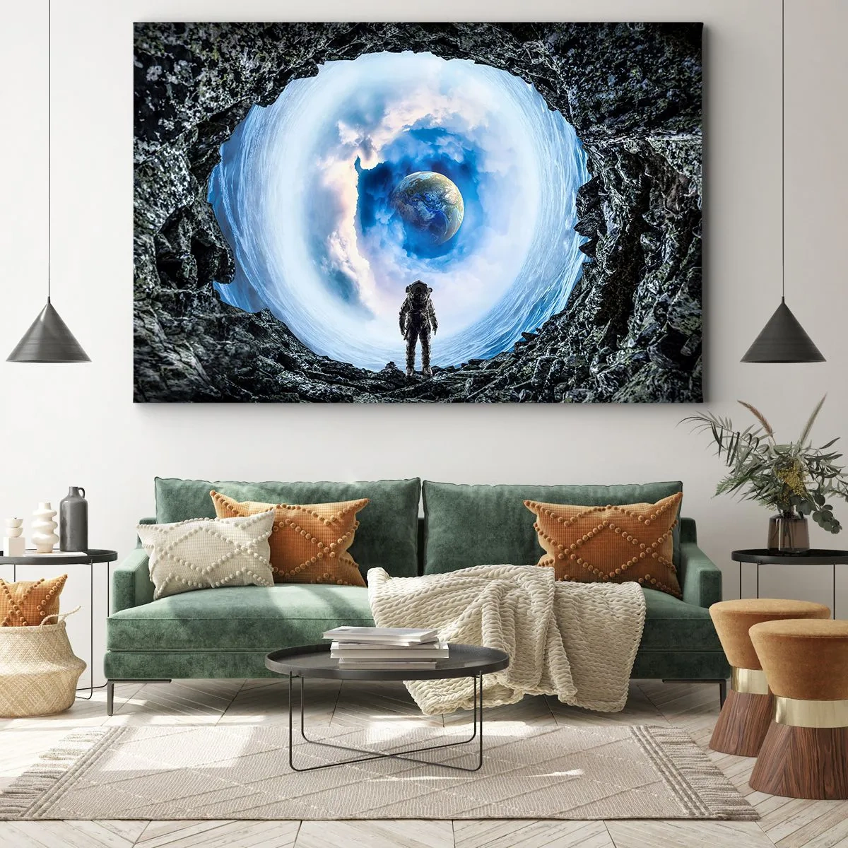 Cuadro sobre lienzo - Impresión de Imagen - Astronauta frente a un paisaje espacial con la Tierra al fondo - 100x70cm - No muy lejos de casa - Decoración de pared moderna para salón y dormitorio ARTTOR