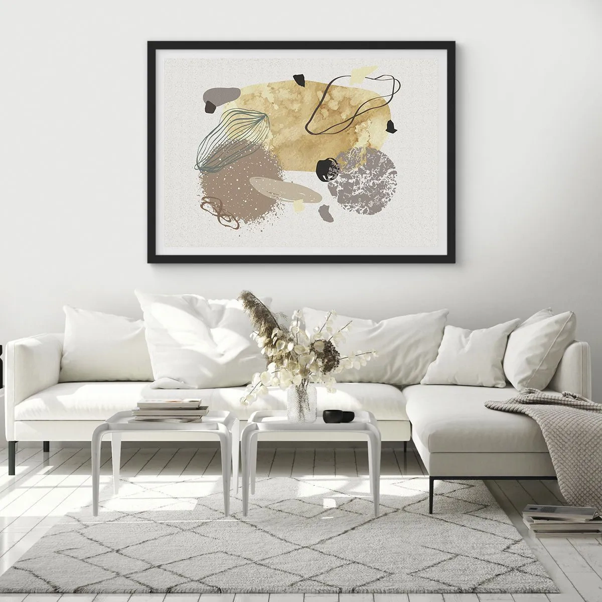 Póster en marco negro - Una composición de formas abstractas en beige y amarillo. - 100x70cm - Plumología aplicada - Decoración de pared moderna para salón y dormitorio ARTTOR