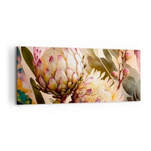 Cuadro sobre lienzo - Impresión de Imagen - Flores de protea coloridas sobre un fondo delicado. - 120x50cm - Abrazados con ternura - Decoración de pared moderna para salón y dormitorio ARTTOR