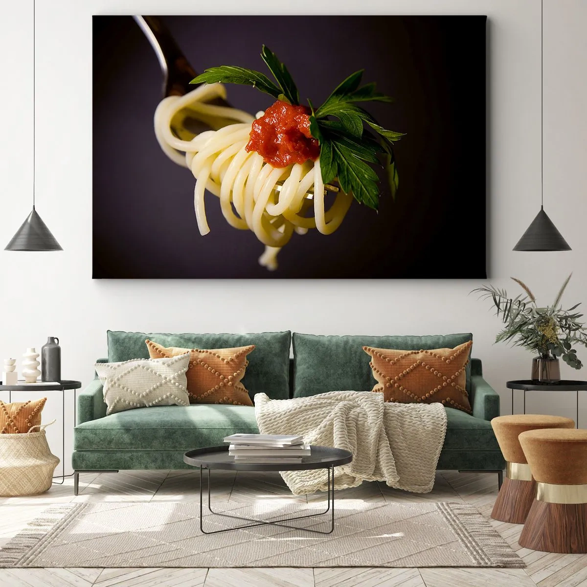 Cuadro sobre lienzo - Impresión de Imagen - Pasta espaguetis al tenedor con salsa de tomate y perejil - 70x50cm - Un sabroso bocado - Decoración de pared moderna para salón y dormitorio ARTTOR