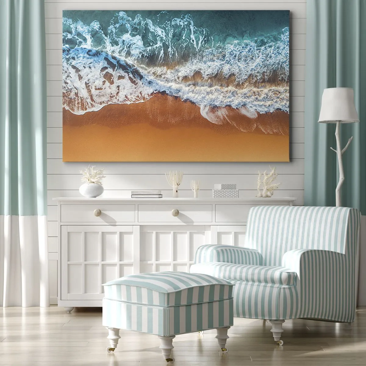 Cuadro sobre lienzo - Impresión de Imagen - Vista aérea de las olas del océano rompiendo en la orilla - 120x80cm - Siempre a la par - Decoración de pared moderna para salón y dormitorio ARTTOR