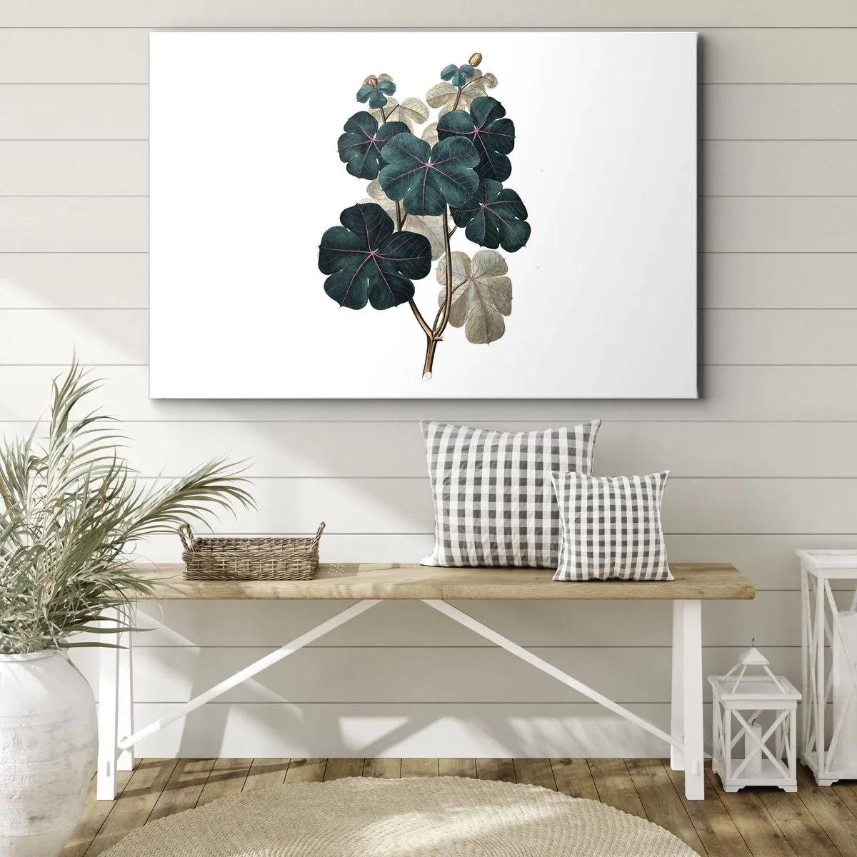 Cuadro sobre lienzo - Impresión de Imagen - Ilustración botánica con hojas en tonos verdes y beige. - 70x50cm - De un viejo herbario - Decoración de pared moderna para salón y dormitorio ARTTOR