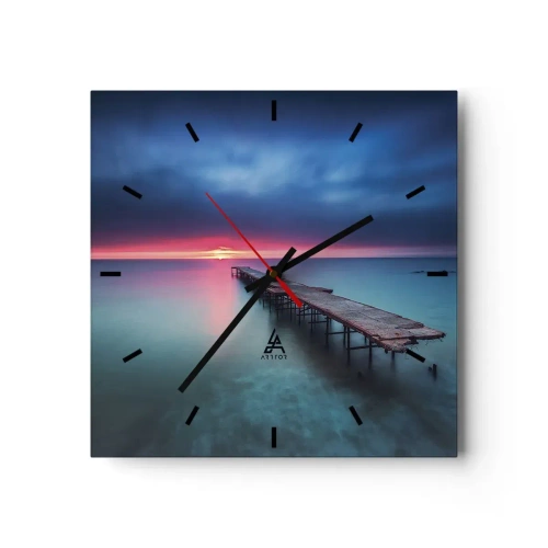 Reloj de pared - Reloj de vidrio - Un muelle de madera que conduce directamente al mar al atardecer. - 30x30cm - Entre el cielo y el agua - Decoración de pared moderna para salón y dormitorio ARTTOR