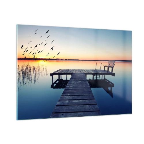 Cuadro sobre vidrio - Impresiones sobre Vidrio - Un muelle en el lago con vista al atardecer y pájaros en vuelo. - 100x70cm - Fue un buen día - Decoración de pared moderna para salón y dormitorio ARTTOR
