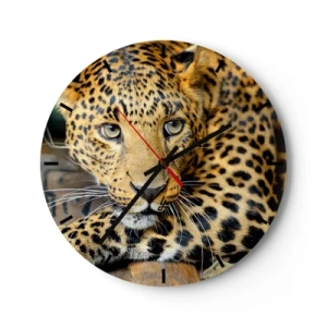 Reloj de pared - Reloj de vidrio - Retrato de un leopardo con una mirada intensa. - 30x30cm - No tengas miedo, vamos - Decoración de pared moderna para salón, cocina y dormitorio ARTTOR