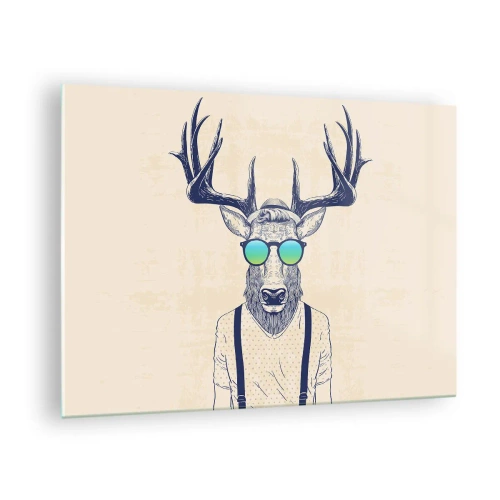 Cuadro sobre vidrio - Impresiones sobre Vidrio - Un elegante ciervo con gafas de sol sobre un fondo claro. - 70x50cm - ¿Y a quién esperabas? - Decoración de pared moderna para salón y dormitorio ARTTOR