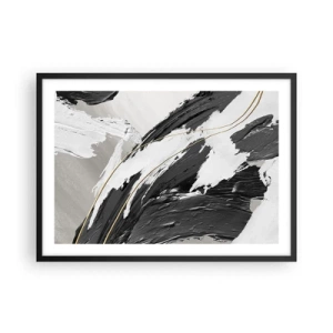 Póster en marco negro - Trazos de pintura en blanco y negro con un sutil acento dorado. - 70x50cm - Abstracción con estilo - Decoración de pared moderna para salón y dormitorio ARTTOR
