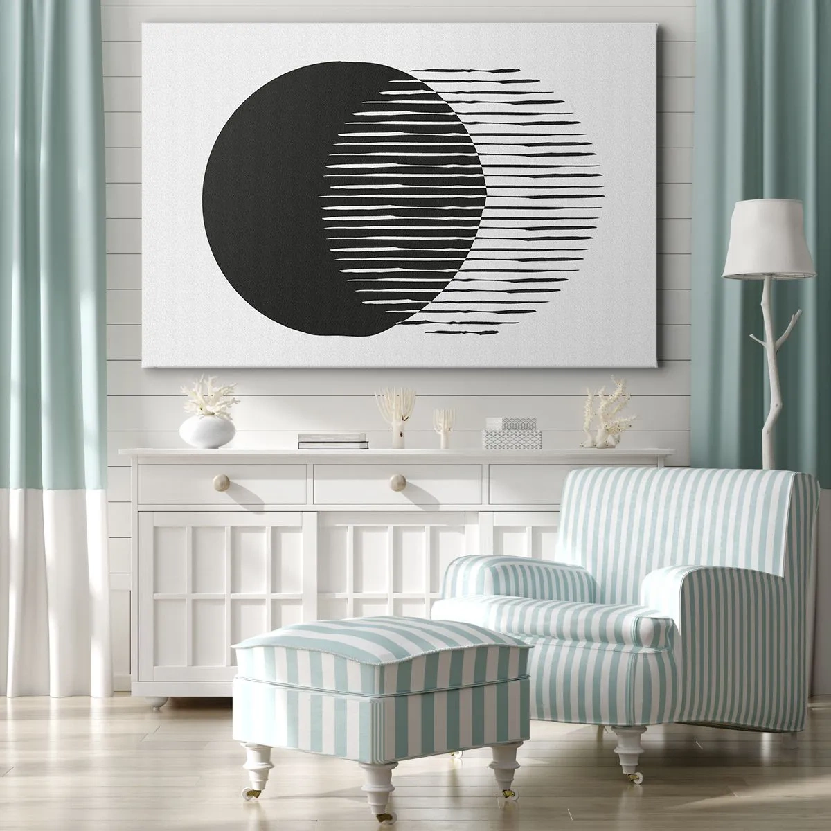 Cuadro sobre lienzo - Impresión de Imagen - Dos círculos superpuestos con líneas blancas y negras. - 70x50cm - Su alter ego - Decoración de pared moderna para salón y dormitorio ARTTOR