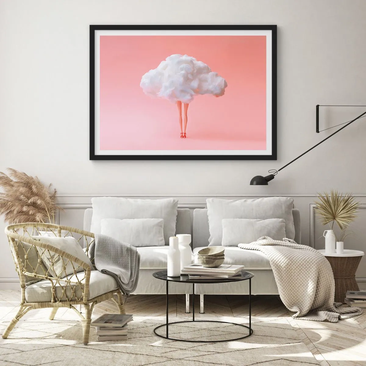 Póster en marco negro - Piernas en una nube sobre un fondo rosa - 100x70cm - Dulce promesa - Decoración de pared moderna para salón y dormitorio ARTTOR
