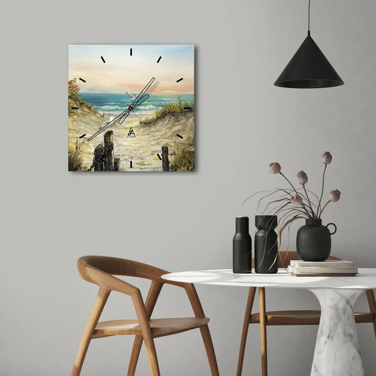 Reloj de pared - Reloj de vidrio - Costa con gaviotas y dunas al atardecer - 30x30cm - Un retiro ventoso - Decoración de pared moderna para salón y dormitorio ARTTOR