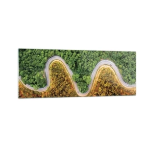 Cuadro sobre vidrio - Impresiones sobre Vidrio - Un camino sinuoso a través del bosque visto a vista de pájaro. - 140x50cm - Frontera serpenteante - Decoración de pared moderna para salón y dormitorio ARTTOR