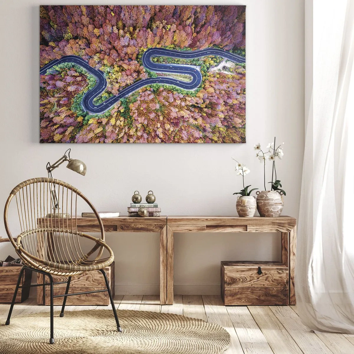 Cuadro sobre lienzo - Impresión de Imagen - Un camino sinuoso en un bosque otoñal visto a vista de pájaro - 70x50cm - Un camino sinuoso a través del bosque - Decoración de pared moderna para salón y dormitorio ARTTOR