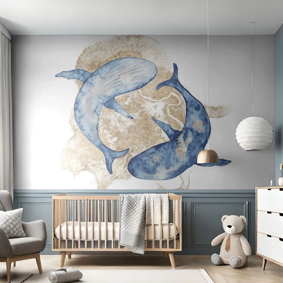 Fotomural Standard Eco - Dos ballenas en estilo acuarela sobre un fondo claro. - 100x70cm - ¿Amistad o amor? - Decoración de pared moderna para salón y dormitorio ARTTOR