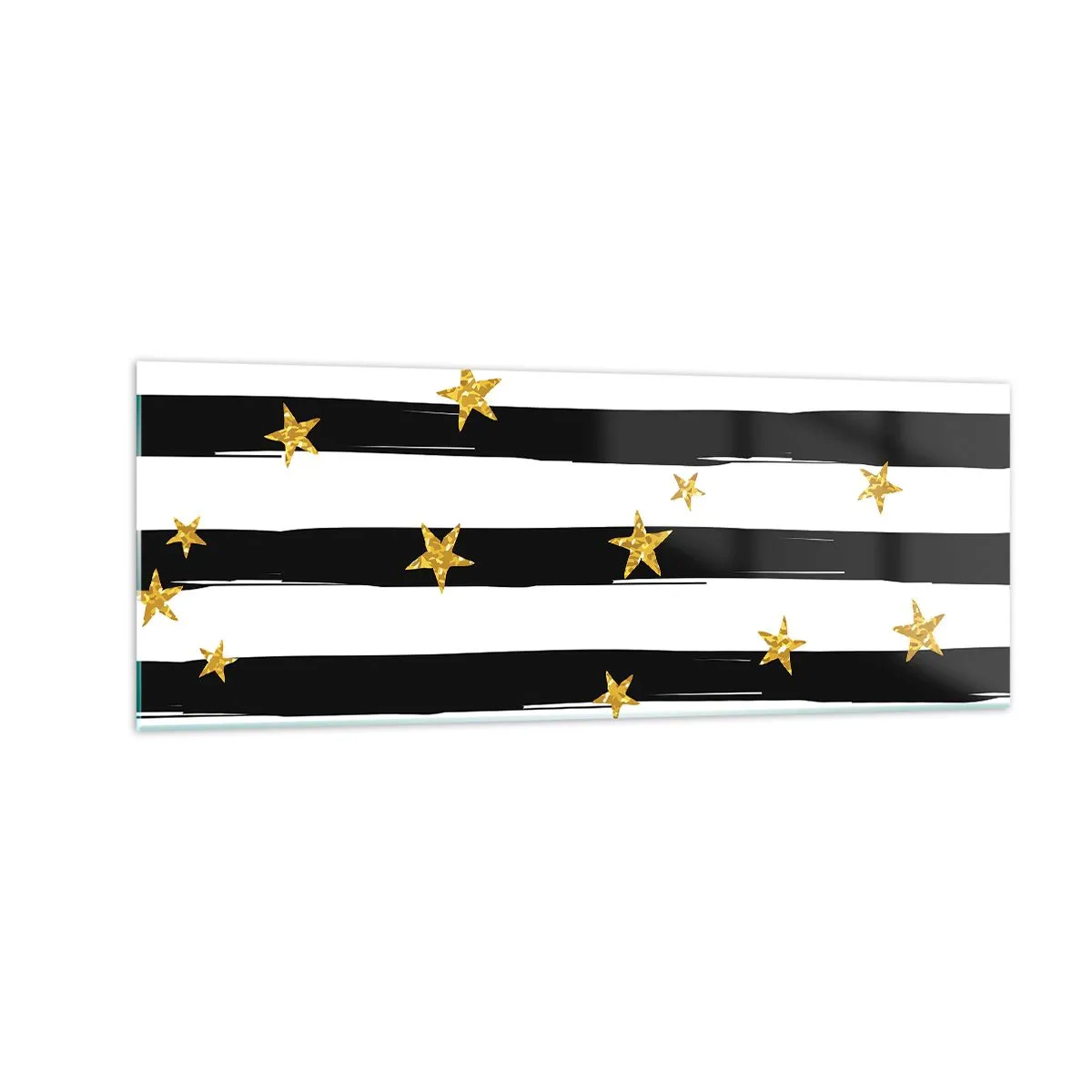 Cuadro sobre vidrio - Impresiones sobre Vidrio - Rayas blancas y negras con estrellas doradas - 140x50cm - Todos hemos nacido bajo una estrella de la suerte - Decoración de pared moderna para salón y dormitorio ARTTOR
