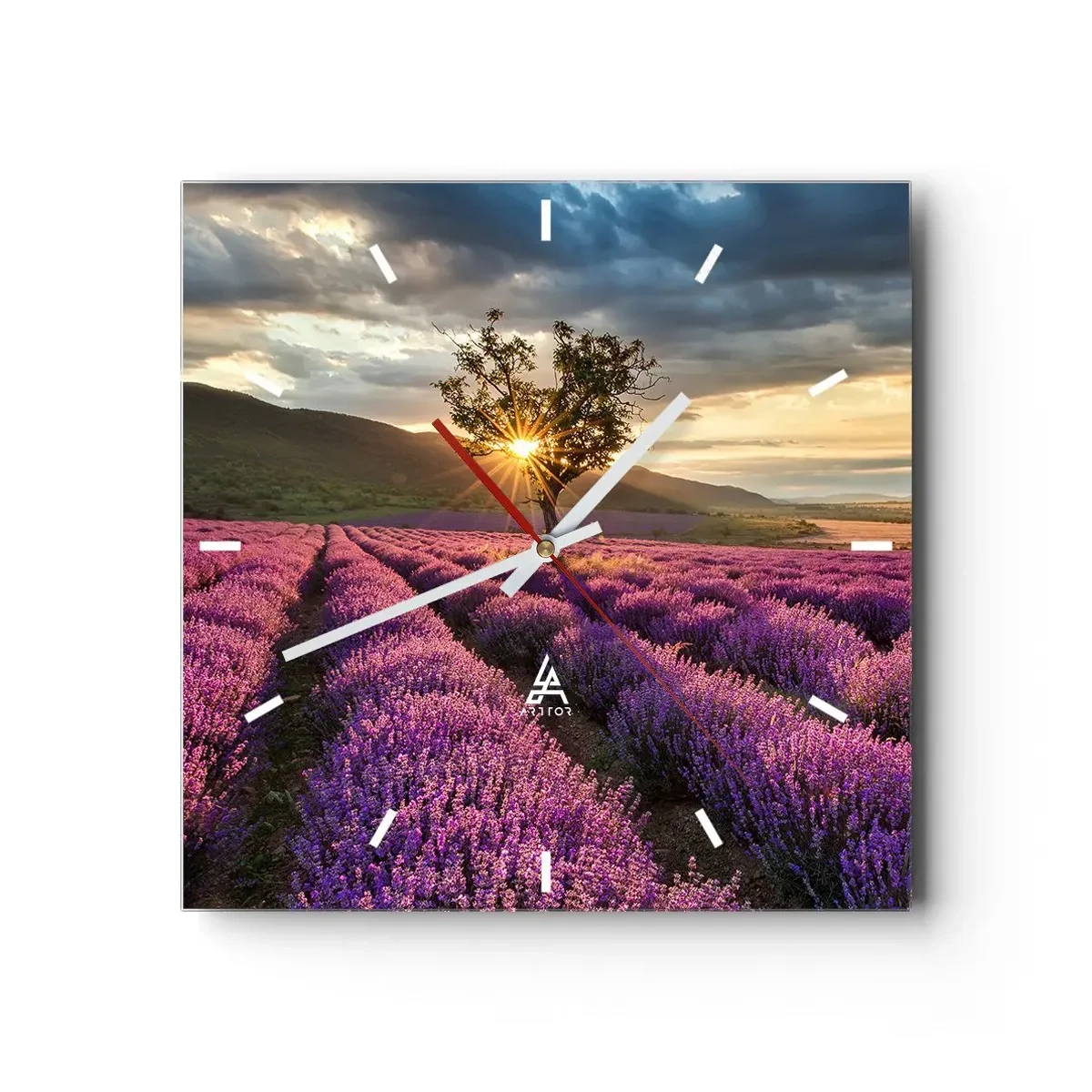 Reloj de pared - Reloj de vidrio - Un campo de lavanda con un árbol solitario al atardecer. - 30x30cm - Aroma en lila - Decoración de pared moderna para salón y dormitorio ARTTOR