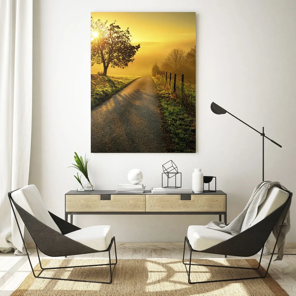 Cuadro sobre vidrio - Impresiones sobre Vidrio - Una pintoresca carretera al atardecer con un árbol solitario al fondo. - 80x120cm - Tarde melosa - Decoración de pared moderna para salón y dormitorio ARTTOR