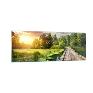 Cuadro sobre vidrio - Impresiones sobre Vidrio - Un paisaje pintoresco con un puente y un cisne. - 140x50cm - Verano, verano en todas partes - Decoración de pared moderna para salón y dormitorio ARTTOR