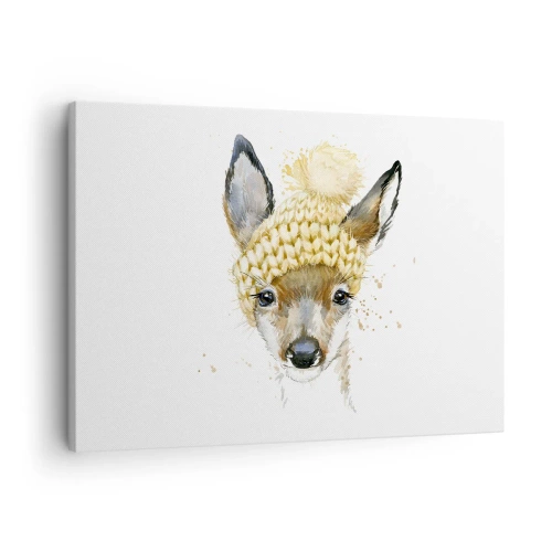 Cuadro sobre lienzo - Impresión de Imagen - Ciervo de acuarela con gorra amarilla - 70x50cm - Para el invierno en un bosque nevado - Decoración de pared moderna para salón y dormitorio ARTTOR