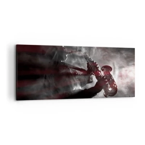 Cuadro sobre lienzo - Impresión de Imagen - Saxofonista en humo en el escenario en negro y rojo atmosférico - 120x50cm - En el vapor del jazz - Decoración de pared moderna para salón y dormitorio ARTTOR