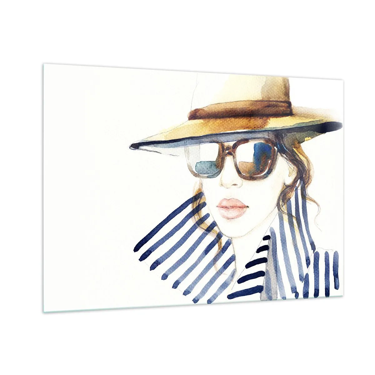 Cuadro sobre vidrio - Impresiones sobre Vidrio - Mujer elegante con sombrero y gafas en estilo acuarela. - 100x70cm - ¡Florida le da la bienvenida! - Decoración de pared moderna para salón y dormitorio ARTTOR