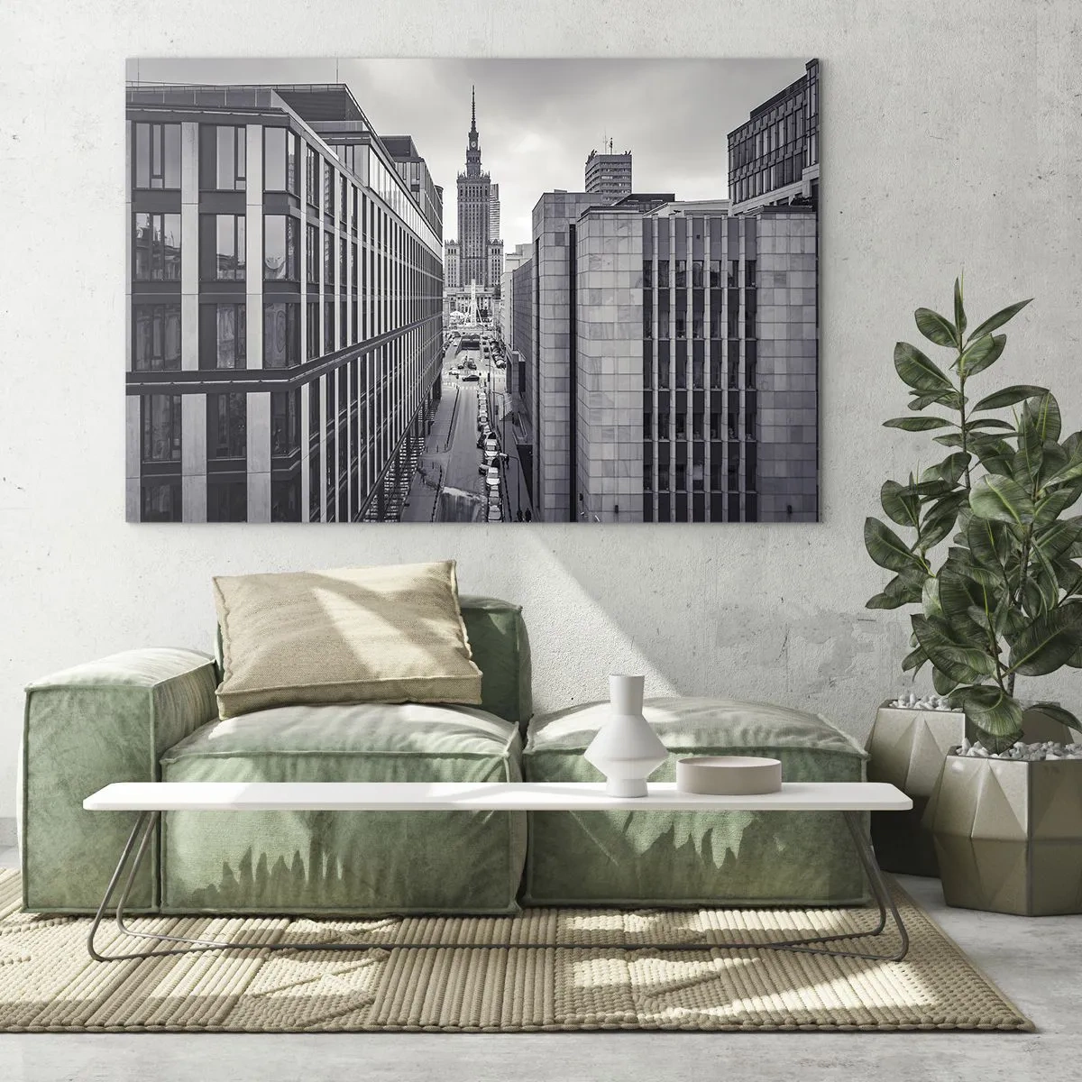 Cuadro sobre vidrio - Impresiones sobre Vidrio - Vista de la ciudad en blanco y negro con rascacielos y una calle. - 70x50cm - Valle de Varsovia - Decoración de pared moderna para salón y dormitorio ARTTOR