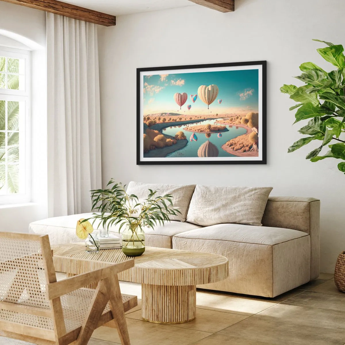 Póster en marco negro - Globos en forma de corazón flotando sobre el paisaje. - 70x50cm - El amor te hace volar - Decoración de pared moderna para salón y dormitorio ARTTOR