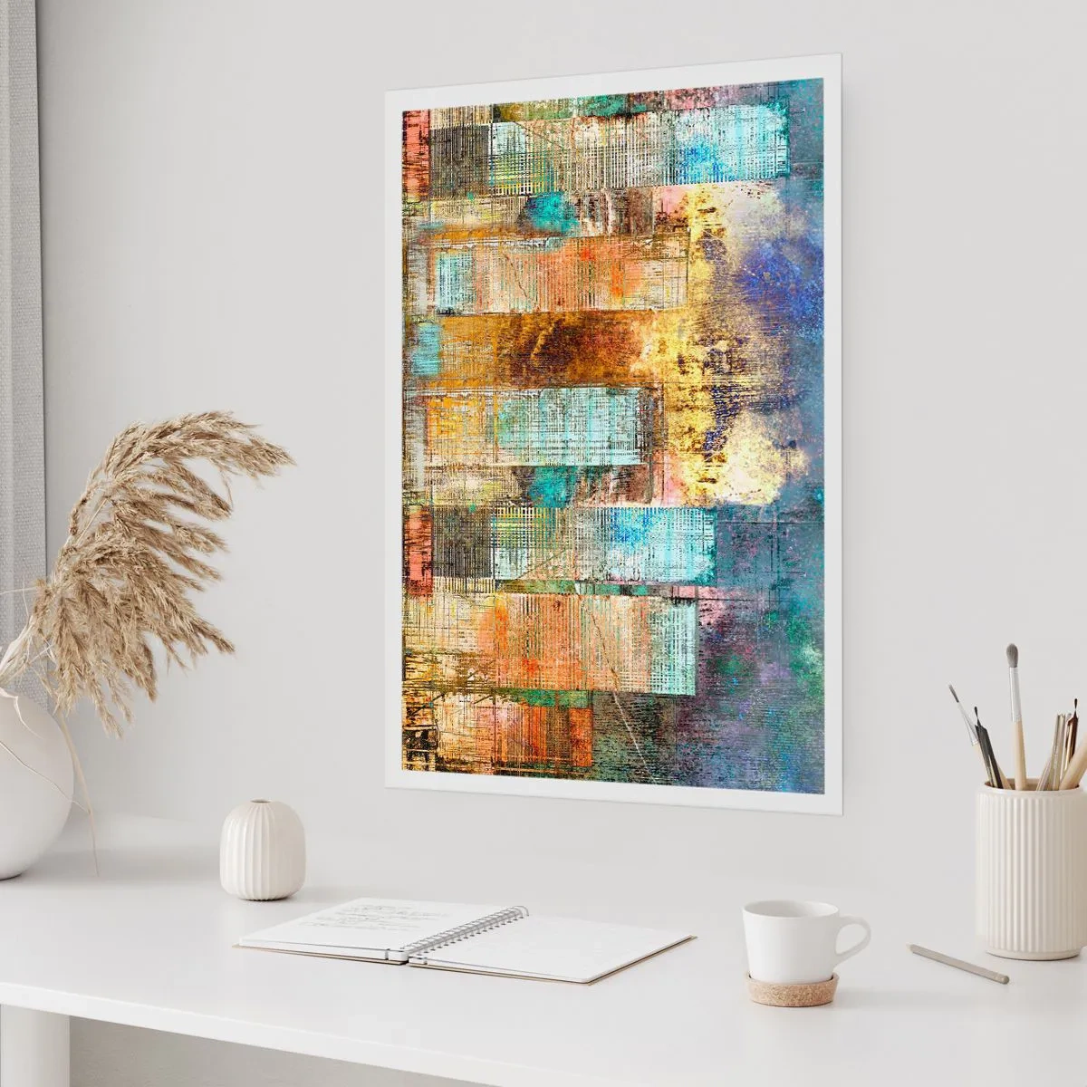 Póster - Raya de acuarela en tonos azules sobre un fondo claro - 50x70cm - Metrópolis soleada - Decoración de pared moderna para salón y dormitorio ARTTOR