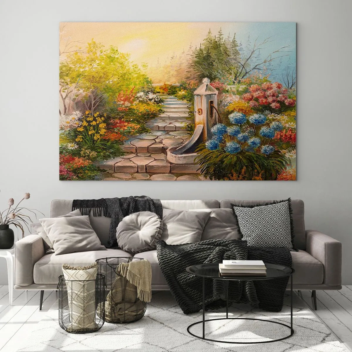 Cuadro sobre vidrio - Impresiones sobre Vidrio - Un jardín de flores con una fuente en plena floración. - 100x70cm - En plena floración - Decoración de pared moderna para salón y dormitorio ARTTOR