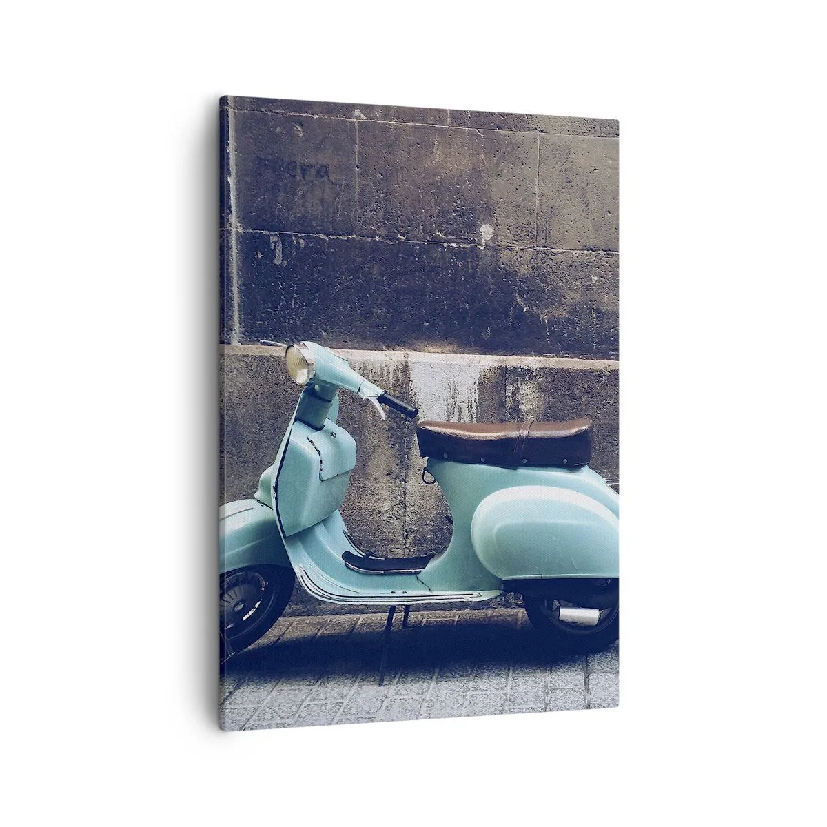 Cuadro sobre lienzo - Impresión de Imagen - Un scooter retro estacionado contra un muro de piedra. - 50x70cm - Momentos inolvidables - Decoración de pared moderna para salón y dormitorio ARTTOR