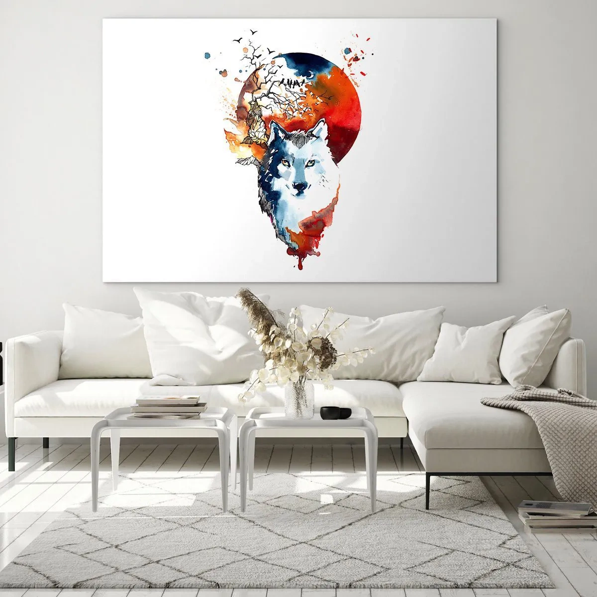 Cuadro sobre vidrio - Impresiones sobre Vidrio - Ilustración de un lobo con una luna llena al fondo. - 100x70cm - El acecho nocturno - Decoración de pared moderna para salón y dormitorio ARTTOR