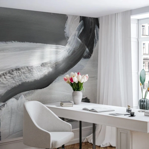 Fotomural Premium Sand - Pinceladas dinámicas en tonos de gris - 100x70cm - Con movimientos decididos - Decoración de pared moderna para salón y dormitorio ARTTOR