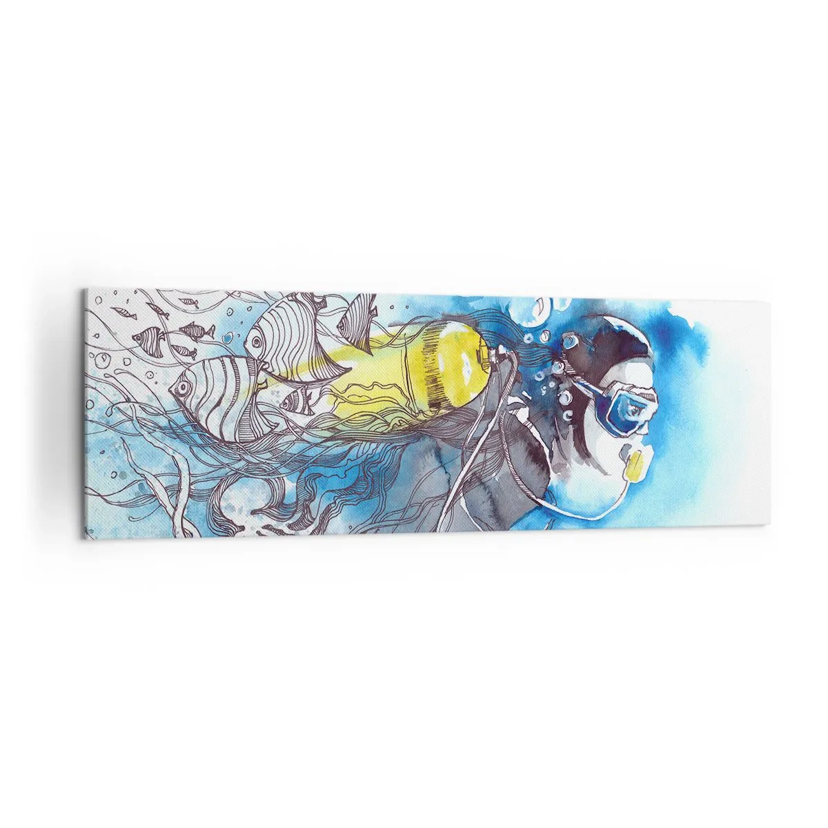 Cuadro sobre lienzo - Impresión de Imagen - Escena submarina con un buceador y peces exóticos. - 160x50cm - Sumergirse en lo desconocido - Decoración de pared moderna para salón y dormitorio ARTTOR