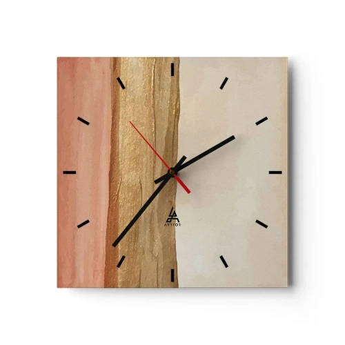 Reloj de pared - Reloj de vidrio - Rayas abstractas en tonos beige, dorado y rosa sobre lienzo. - 30x30cm - Composición vertical - Decoración de pared moderna para salón y dormitorio ARTTOR