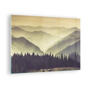 Cuadro sobre vidrio - Impresiones sobre Vidrio - Una vista brumosa de una cadena montañosa con un bosque oscuro en primer plano. - 70x50cm - Más allá de las siete montañas... - Decoración de pared moderna para salón y dormitorio ARTTOR
