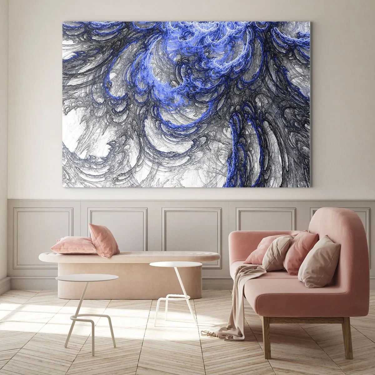 Cuadro sobre vidrio - Impresiones sobre Vidrio - Abstracción dinámica en tonos azules y grises. - 70x50cm - El nacimiento de una ola - Decoración de pared moderna para salón y dormitorio ARTTOR