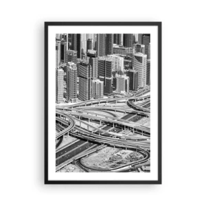 Póster en marco negro - Panorama de la ciudad con red de carreteras en estilo blanco y negro - 50x70cm - Dubái: la ciudad imposible - Decoración de pared moderna para salón y dormitorio ARTTOR