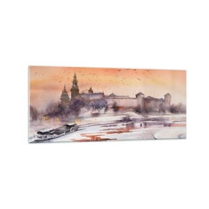 Cuadro sobre vidrio - Impresiones sobre Vidrio - Puesta de sol sobre el castillo en un paisaje invernal - 120x50cm - Atardecer real - Decoración de pared moderna para salón y dormitorio ARTTOR