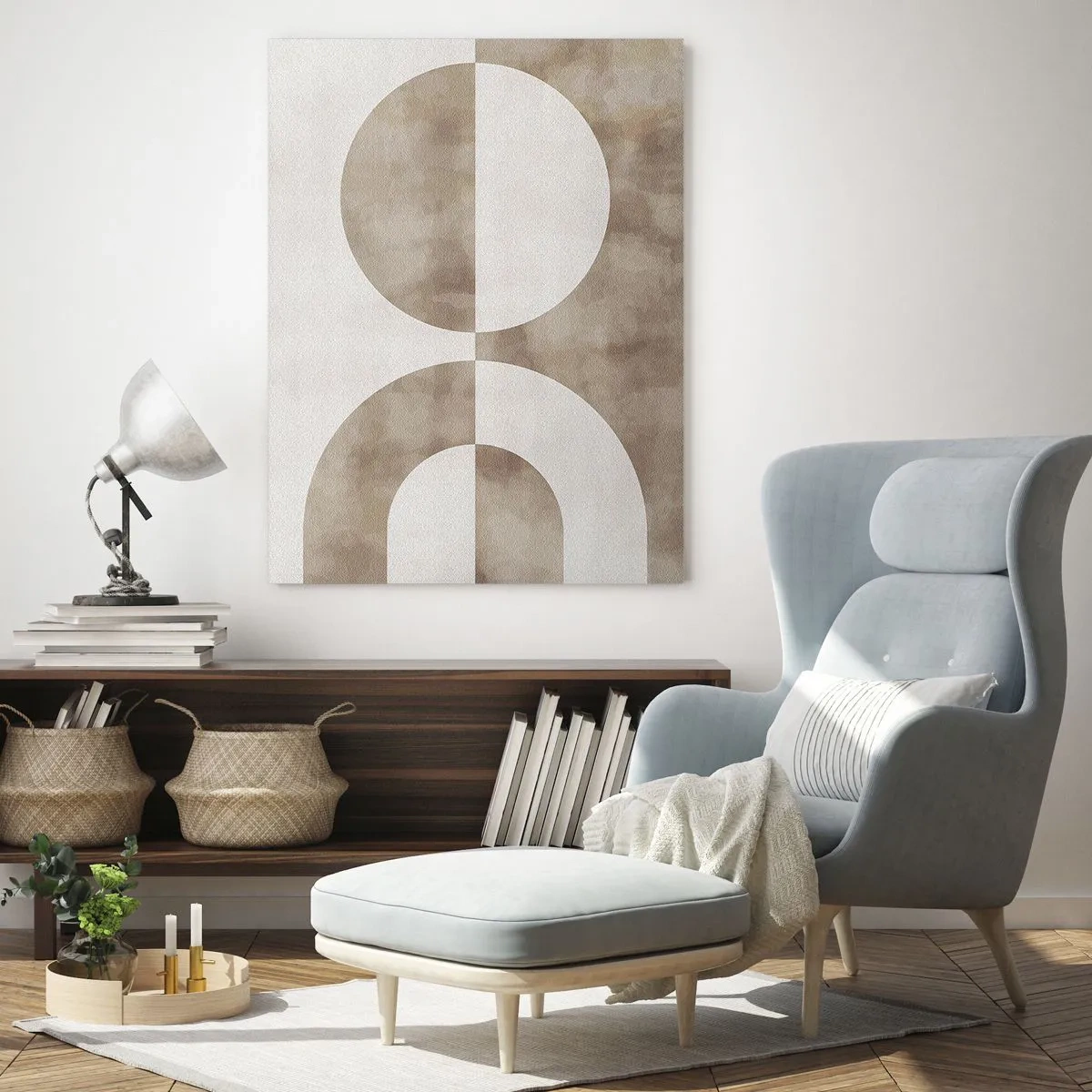 Cuadro sobre vidrio - Impresiones sobre Vidrio - Geometría beige con un semicírculo y un círculo sobre un fondo horizontal. - 50x70cm - Similitudes y diferencias - Decoración de pared moderna para salón y dormitorio ARTTOR