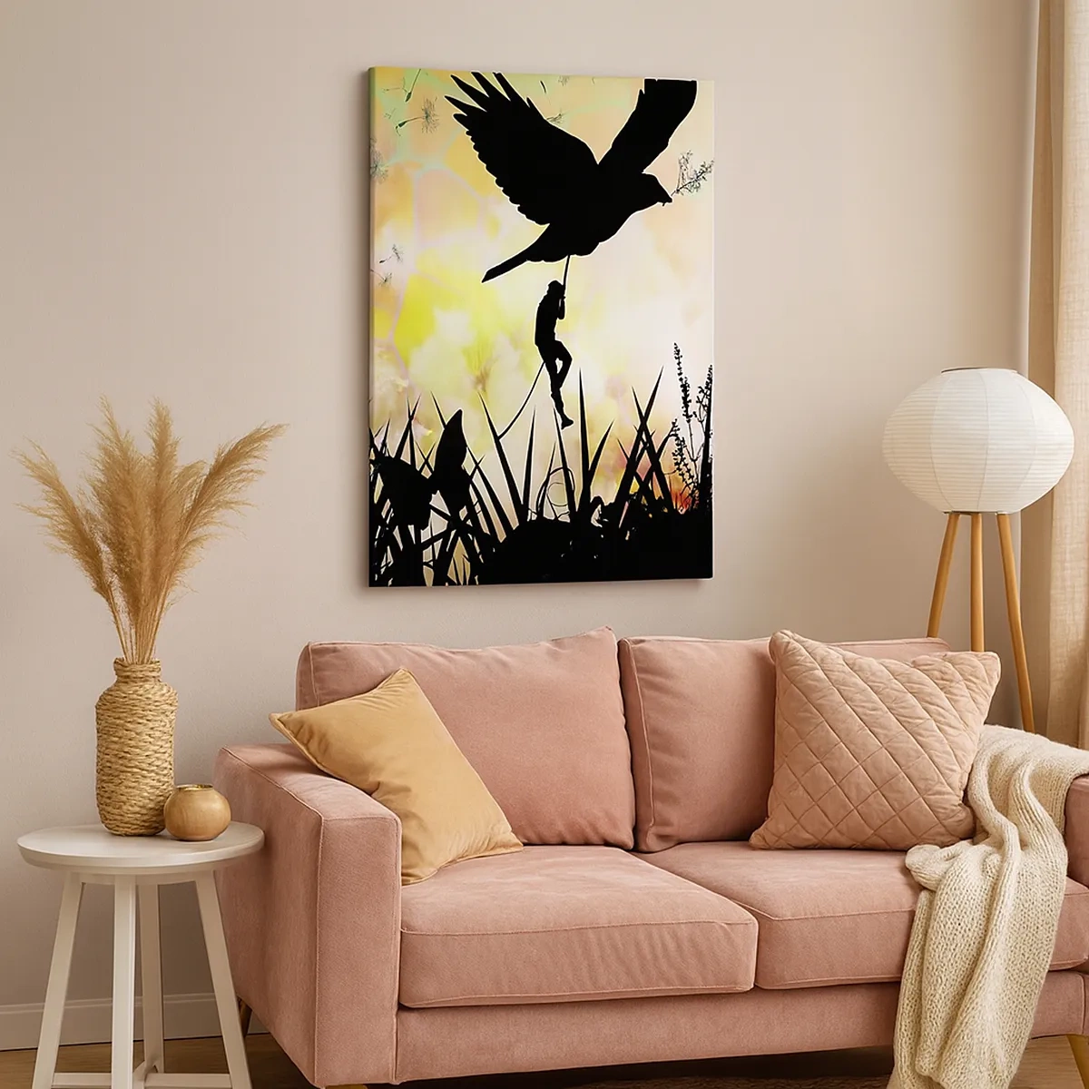 Cuadro sobre lienzo - Impresión de Imagen - Silueta de naturaleza con un pájaro y un diente de león. - 50x70cm - En un ambiente de cuento de hadas - Decoración de pared moderna para salón y dormitorio ARTTOR
