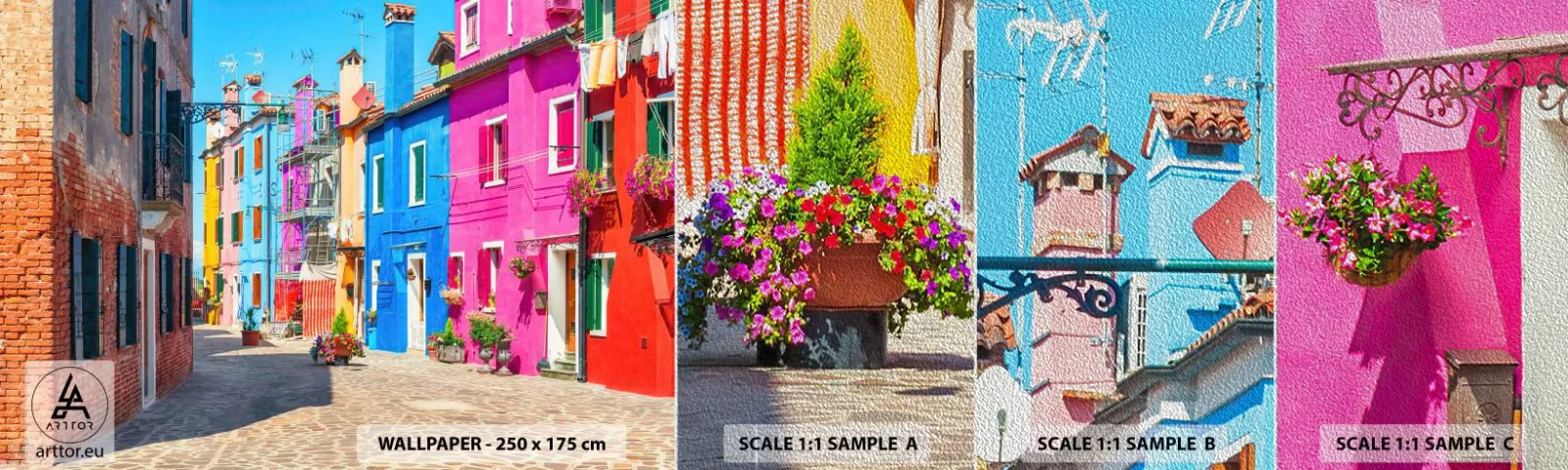 Muestra de fotomural Premium Sand - Pueblo colorido - Ciudad, Italia, Arquitectura - 100x30 cm