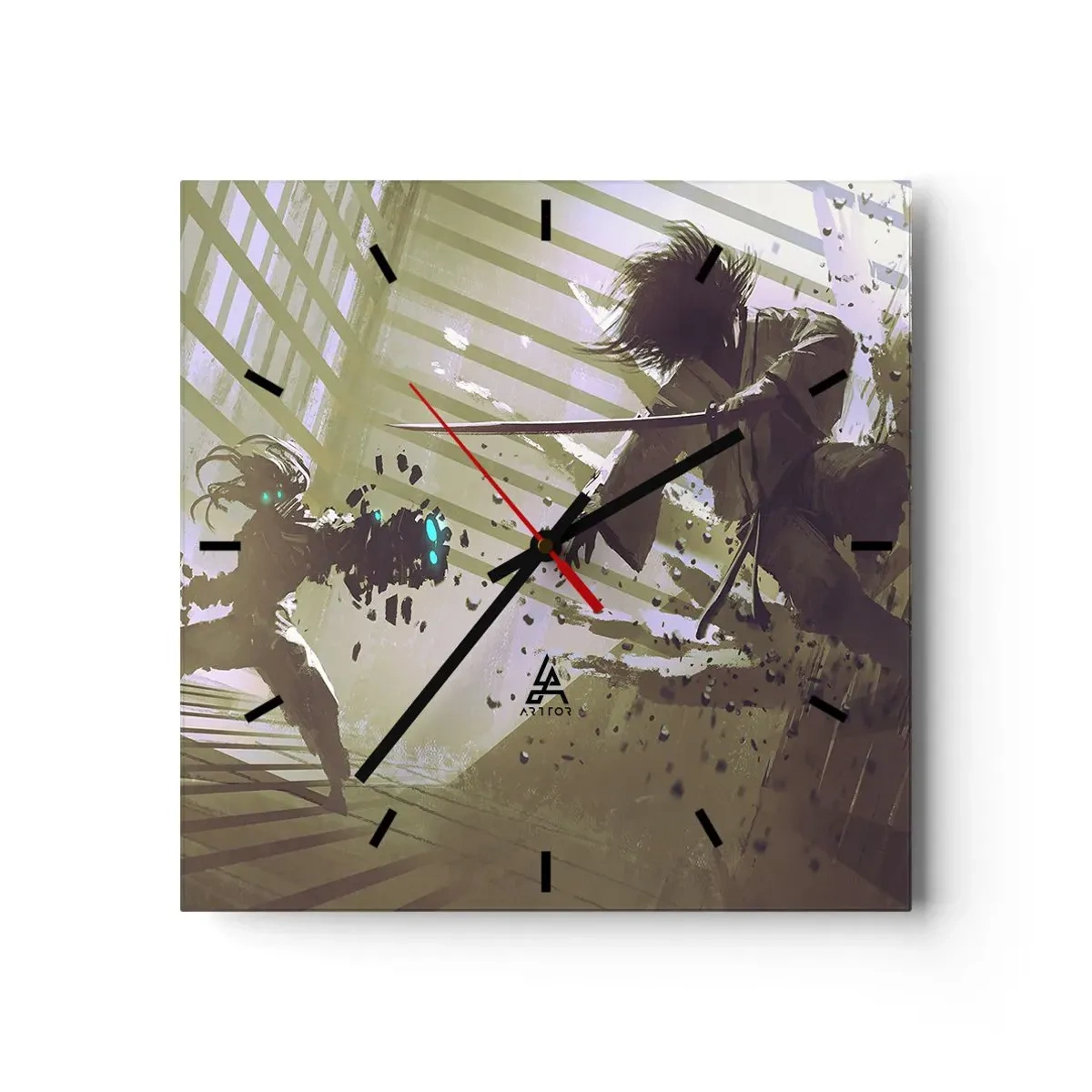 Reloj de pared - Reloj de vidrio - Lucha dinámica entre dos personajes en estilo futurista. - 30x30cm - Y puedes ser un samurai - Decoración de pared moderna para salón y dormitorio ARTTOR