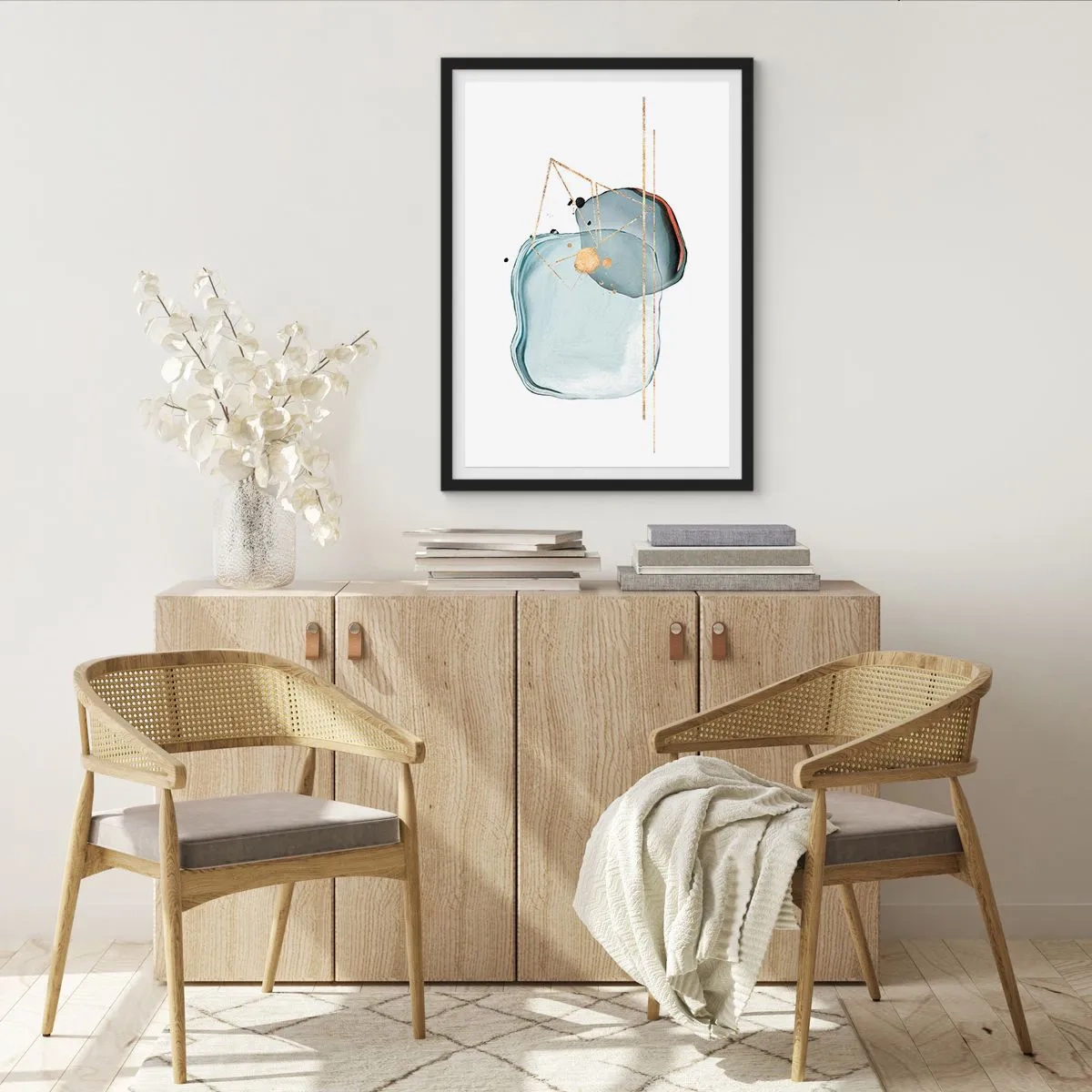 Póster en marco negro - Composición abstracta de acuarela con un patrón geométrico dorado. - 50x70cm - Un estudio de gotas - Decoración de pared moderna para salón y dormitorio ARTTOR