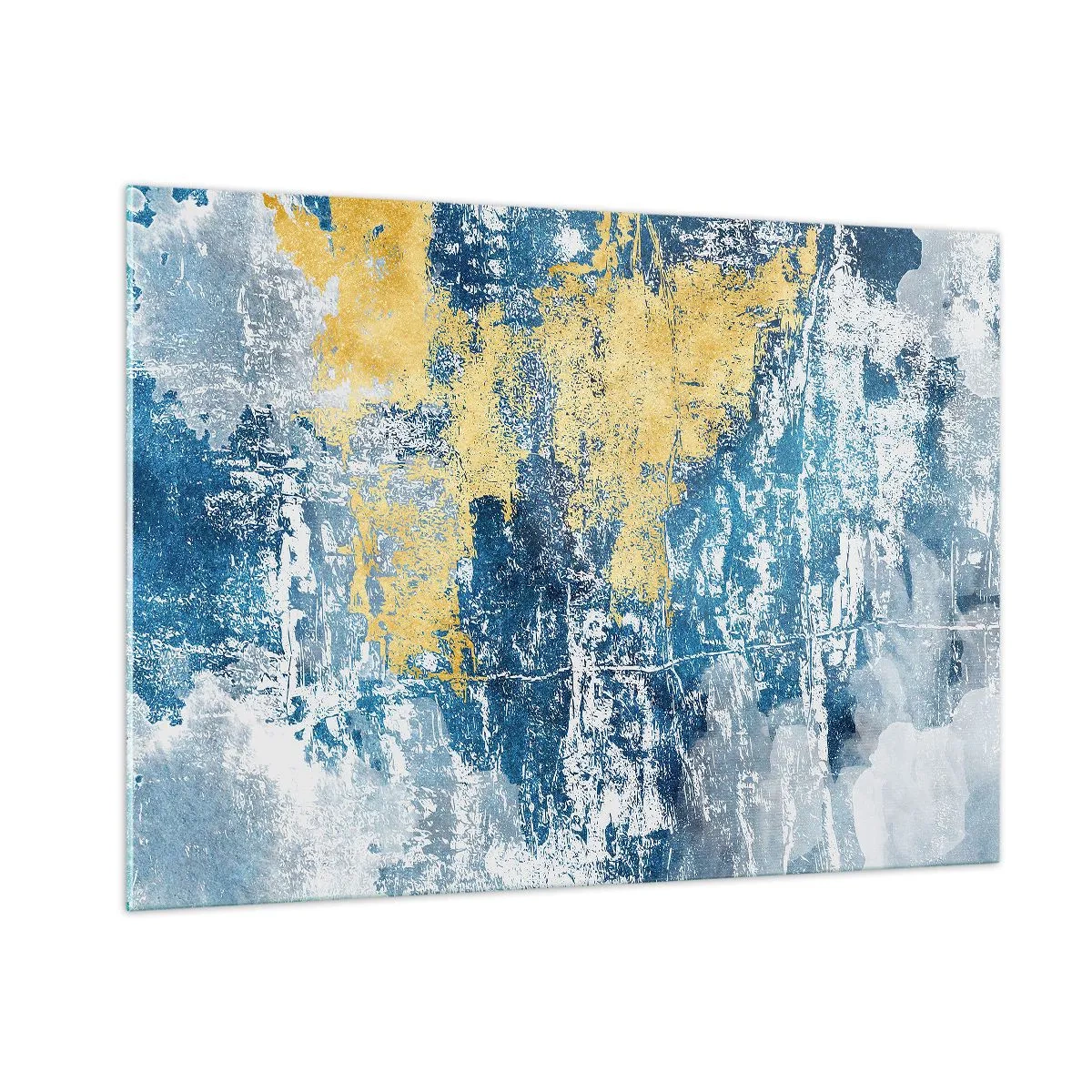 Cuadro sobre vidrio - Impresiones sobre Vidrio - Abstracción azul y amarilla con efecto desgastado y texturizado. - 100x70cm - Una abstracción serena - Decoración de pared moderna para salón y dormitorio ARTTOR