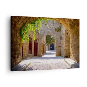 Cuadro sobre lienzo - Impresión de Imagen - Arcos de piedra y calles adoquinadas de estilo medieval - 70x50cm - La procesión está a punto de aparecer. - Decoración de pared moderna para salón y dormitorio ARTTOR